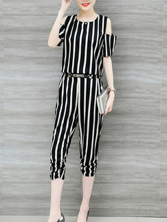 Black Slim Stripe Off-Shoulder Two Piece Pants Plus Size Jumpsuit for Casual Party