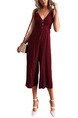 Wine Red Slim Open Back Wide-Leg Pants V Neck Jumpsuit for Casual Party Evening