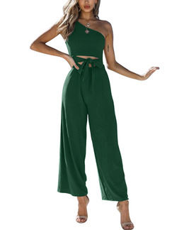 Green Slim Inclined-Shoulder Wide-Leg Pants Jumpsuit for Casual Party Evening