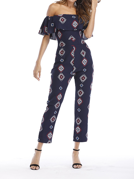 Navy Blue Slim Printed Clack Ruffle Off Shoulders Jumpsuit for Casual Party Office Evening