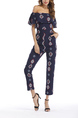 Navy Blue Slim Printed Clack Ruffle Off Shoulders Jumpsuit for Casual Party Office Evening