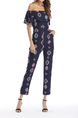 Navy Blue Slim Printed Clack Ruffle Off Shoulders Jumpsuit for Casual Party Office Evening