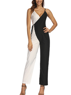 Black and White Slim Contrast Linking Band V Neck Slip Jumpsuit for Party Evening Cocktail
