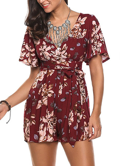Red and Colorful Slim V Neck Band Printed Floral Shorts Jumpsuit for Casual Party Beach