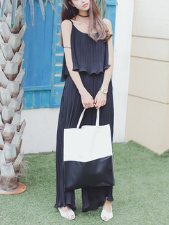 Black Loose Sling Chiffon Wide Leg Pleated Adjustable Waist Slip Jumpsuit for Casual Party