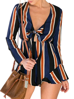 Blue White and Orange Slim Plus Size V Neck Stripe Long Sleeve Jumpsuit for Casual Party Beach