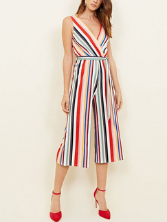 Colorful Slim Wide Leg V Neck Band Stripe Printed Jumpsuit for Casual Party