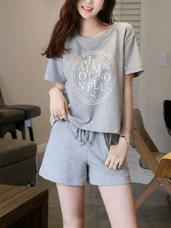 Gray Loose Two-Piece Round Neck Drawstring Printed Jumpsuit for Casual