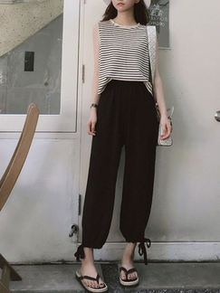 White and Black Loose Two-Piece Round Neck Stripe Linking Pants Jumpsuit for Casual Party Beach