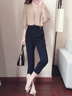 Khaki and Black Slim Plus Size Two-Piece V Neck Shirt Linking Pants Long Sleeves Jumpsuit for Casual Office Evening
