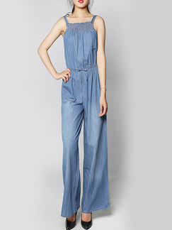 Blue Slim Plus Size Round Neck Sling Denim Linking Wide Leg Drawstring Jumpsuit for Casual Party