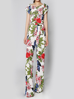 White and Colorful Slim Plus Size Round Neck Wide Leg Pants Linking Band Printed Floral Jumpsuit for Casual Party