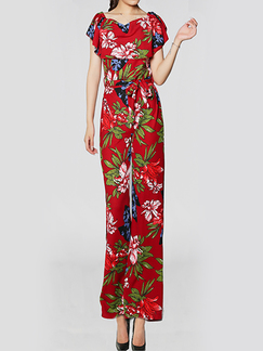 Red and Colorful Slim Plus Size Round Neck Wide Leg Pants Linking Band Printed Floral Jumpsuit for Casual Party