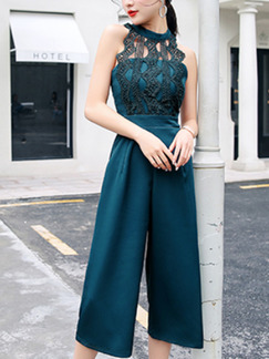 Blue Green Slim Lace Cutout High-Waist Wide-Leg Pockets Siamese Jumpsuit for Casual Party Evening