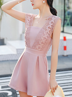 Pink Slim Lace Straps Wide-Leg Pockets Open Back Zipper Back Siamese Jumpsuit for Casual Party Evening
