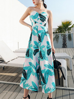 White Colorful Slim Printed Strapless Off-Shoulder High-Waist Wide-Leg Open Back Siamese Jumpsuit for Casual Beach