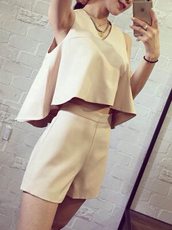 Beige Two-Piece Loose V Neck Asymmetrical Hem High-Waist Jumpsuit for Casual Party