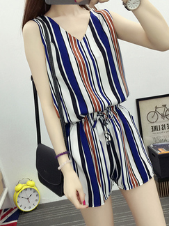 Colorful Two-Piece Shorts Plus Size Loose Contrast Stripe V Neck Adjustable Waist Band Wide Leg Jumpsuit for Casual Party
