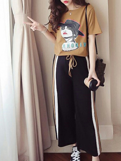 Brown and Black Two-Piece Pants Plus Size Loose Located Printing Letter Printed Round Neck Adjustable Waist Band Wide Leg Stripe Side Jumpsuit for Casual Sporty
