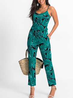 Green Plus Size Slim Printed Sling Open Back Adjustable Waist Pockets Siamese Tropical Slip Jumpsuit for Casual Party Beach