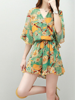 Green and Orange Loose Printed Siamese Jumpsuit for Casual