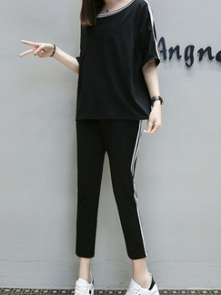 Black Loose Stripe Side Two-Piece Plus Size Jumpsuit for Casual Sporty