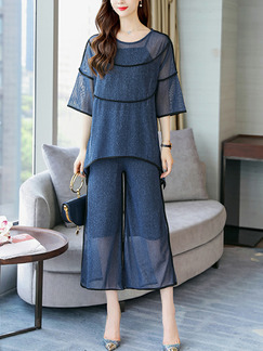 Dark Blue Loose Wide-Leg Three Piece Plus Size Jumpsuit for Casual Party