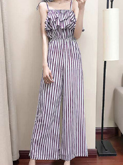 Purple and White Loose Stripe Ruffle Wide-Leg Siamese Pants Jumpsuit for Casual Party