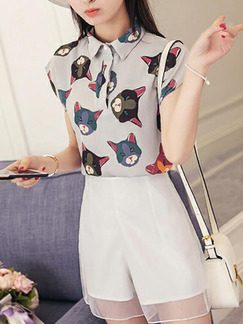 Grey Colorful and White Slim Printed Two-Piece Shorts Collar Plus Size Jumpsuit for Casual Party