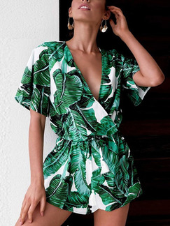 Green and White Loose Printed Siamese Shorts V Neck Tropical Jumpsuit for Casual Party Beach