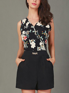 Black and Colorful Slim Printed Wide-Leg Siamese V Neck Floral Two-Piece Shorts Jumpsuit for Casual Party