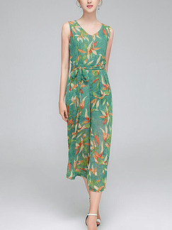 Green Colorful Loose Printed Wide-Leg Siamese Pants Plus Size Jumpsuit for Casual Party