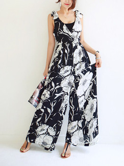 Black and White Slim High-Waist Printed Wide-Leg Siamese Floral Jumpsuit for Casual Party