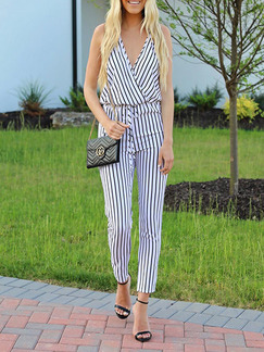 Black and White Slim Stripe Band Siamese V Neck Jumpsuit for Casual Party