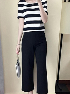 Black and White Loose Stripe Wide-Leg Two Piece Pants Wide Leg Plus Size Jumpsuit for Casual Party