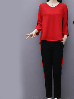 Red and Black Loose Linking Side Stripe Two Piece Pants Plus Size Jumpsuit for Casual Party Sporty