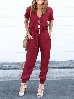 Wine Red Loose Band Harlen V Neck Jumpsuit for Casual Party