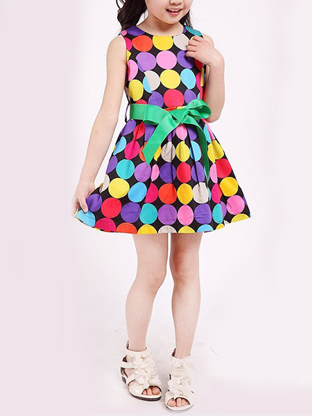 Colorful Wave Point Contrast Round Neck A-Line Butterfly Knot Slim Above Knee Girl Dress for Casual Party