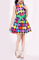 Colorful Wave Point Contrast Round Neck A-Line Butterfly Knot Slim Above Knee Girl Dress for Casual Party
