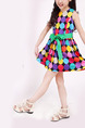 Colorful Wave Point Contrast Round Neck A-Line Butterfly Knot Slim Above Knee Girl Dress for Casual Party