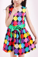 Colorful Wave Point Contrast Round Neck A-Line Butterfly Knot Slim Above Knee Girl Dress for Casual Party