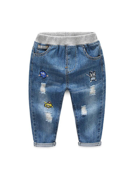 Blue Denim Contrast Adjustable Waist Pattern Hemming Embroidery Boy Pants for Casual