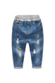 Blue Denim Contrast Adjustable Waist Pattern Hemming Embroidery Boy Pants for Casual