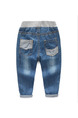 Blue Denim Contrast Adjustable Waist Pattern Hemming Embroidery Boy Pants for Casual