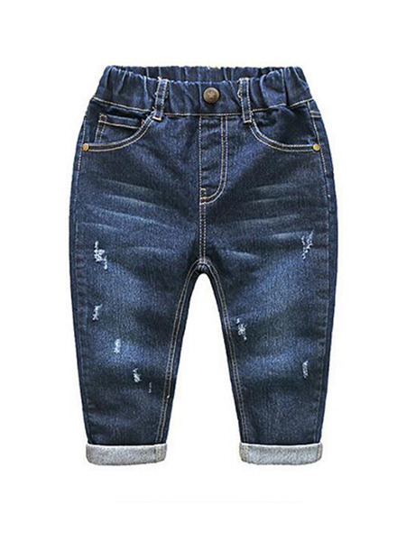 Blue Denim Adjustable Waist Hemming Small Pocket Boy Pants for Casual