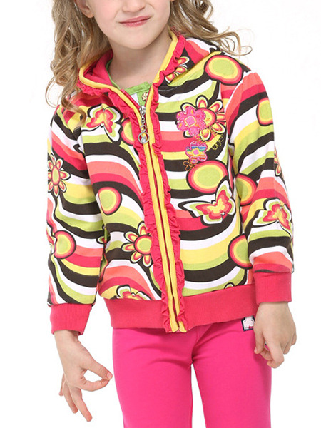 Pink Colorful Contrast Stripe Printed Hooded Ruffled Zipper Girl Jacket for Casual