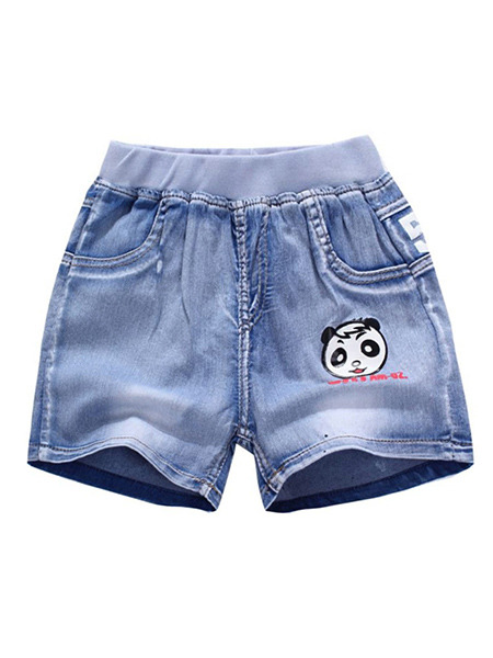 Blue Denim Linking Wide-Leg Adjustable Waist Panda Pattern Boy Shorts for Casual