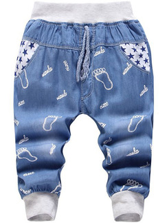 Sky Blue Denim Pattern Linking Loose Feet Adjustable Waist Band Embroidery Boy Pants for Casual