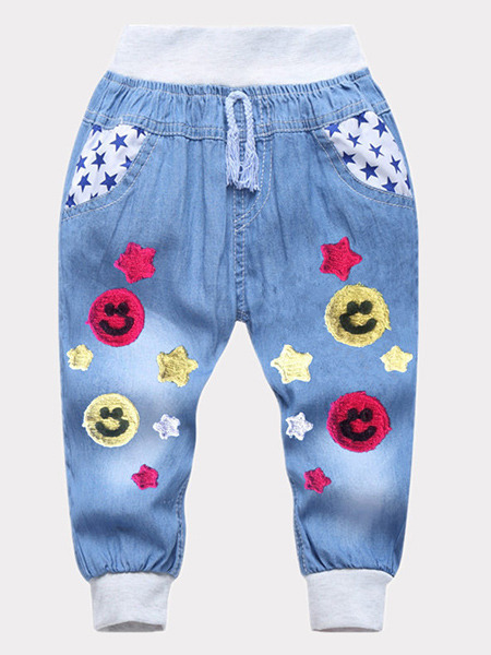Sky Blue Denim Pattern Linking Loose Feet Adjustable Waist Band Embroidery Boy Pants for Casual