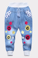 Sky Blue Denim Pattern Linking Loose Feet Adjustable Waist Band Embroidery Boy Pants for Casual
